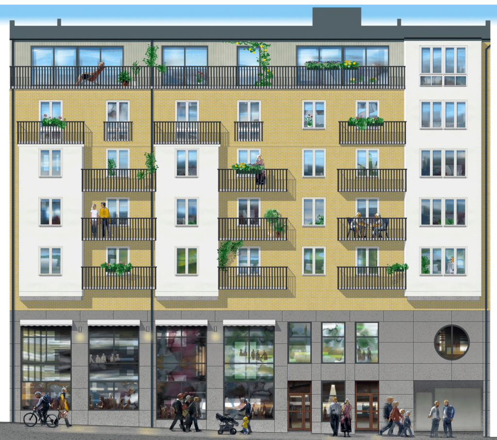 Illustration av fasad i kvarteret Gruvan, Karlstad