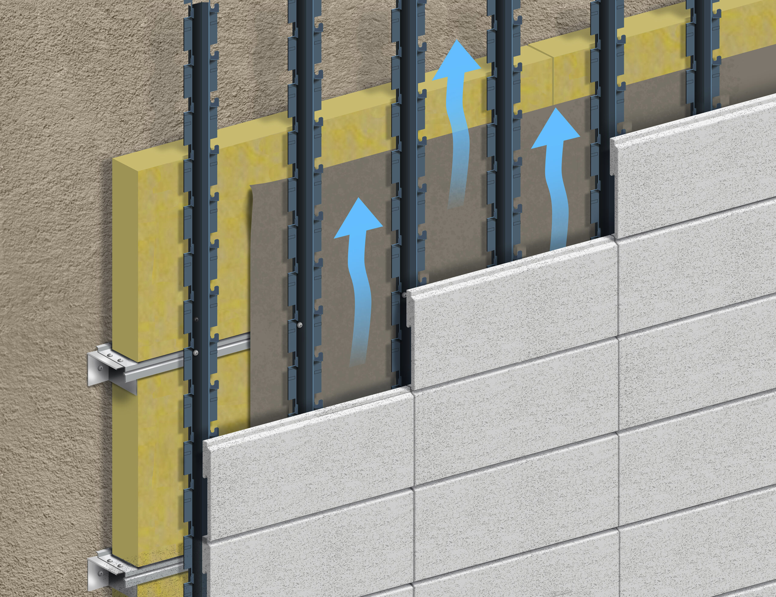 Illustration som beskriver en ventilerad väggkonstruktion
